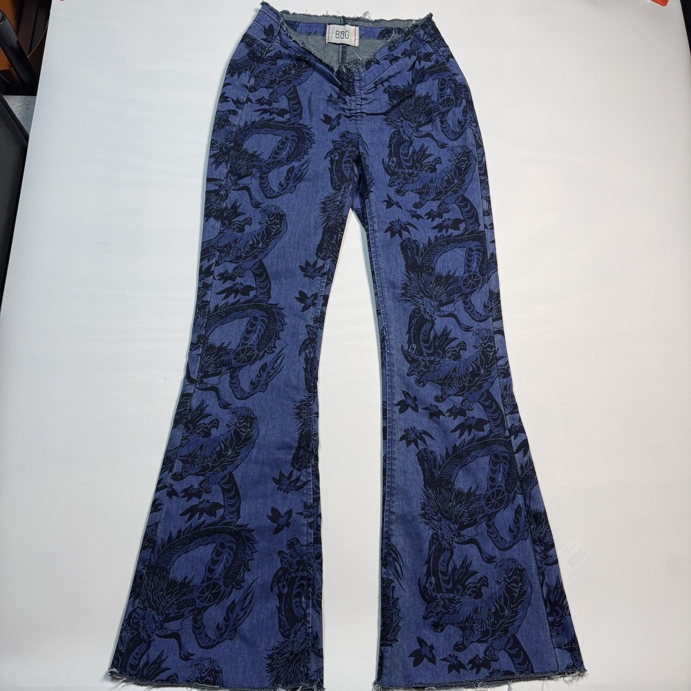 BDG Jeans 26 Blue Dragon Print Dipped V Ruched Flare Low Rise Y2K
